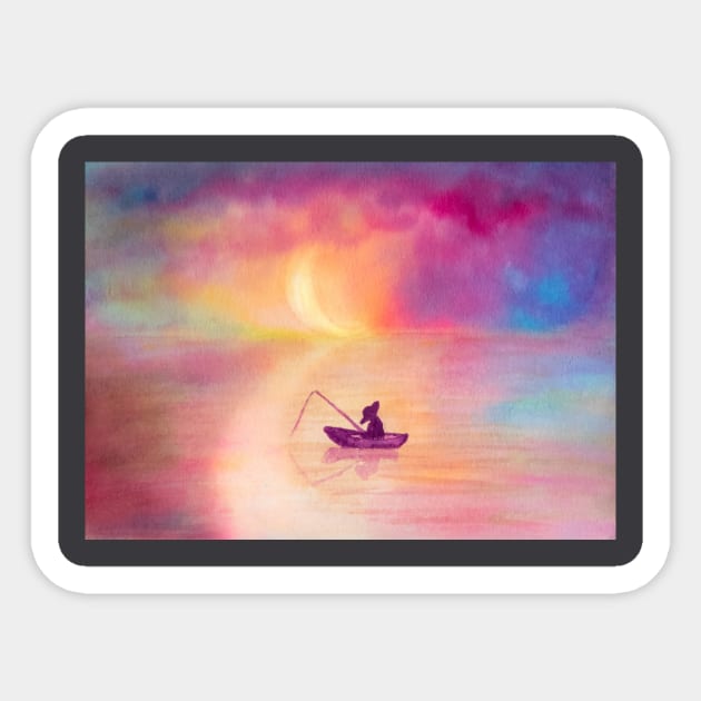 Sleeping fisherman under the moon - watercolor painting Sticker by ArtDreamStudio